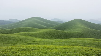 Fototapeta premium Rolling green hills, misty landscape, serene nature, travel poster