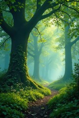 Ancient trees shrouded in spring mist, vibrant green undergrowth, mist, imagery