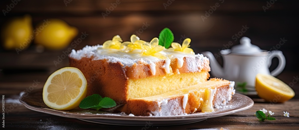 Poster lemon pound cake with lemon slices and icing served on a wooden table with green mint leaves and a t