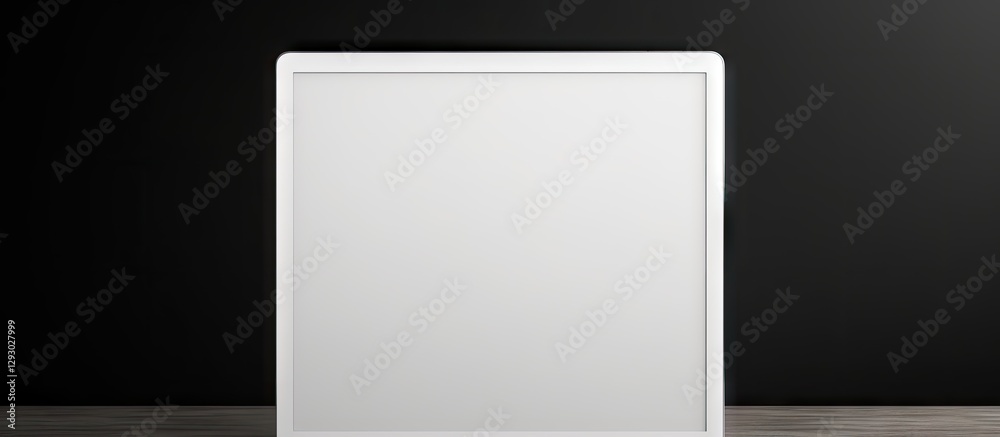 Poster Modern tablet PC showcasing a blank white screen placed on a wooden table against a matte black background with ample copy space for customization.