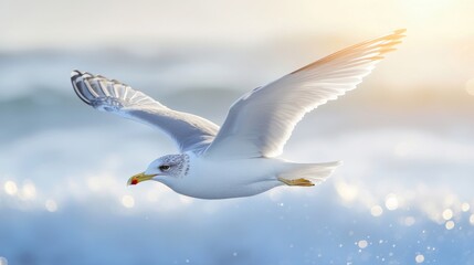 Fototapeta premium A dynamic shot of a seagull gliding effortlessly over ocean waves, with the wind ruffling its feathers, capturing the essence of freedom at sea.
