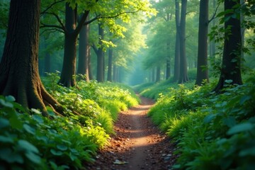 Obraz premium Clear path winding through lush forest, small boots , vacation, children