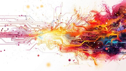 Abstract colorful data flow on complex circuit with digital technology style design. Dust color explode graphic show electric dynamic movement represent about processor algorithm on computer. AIG53.