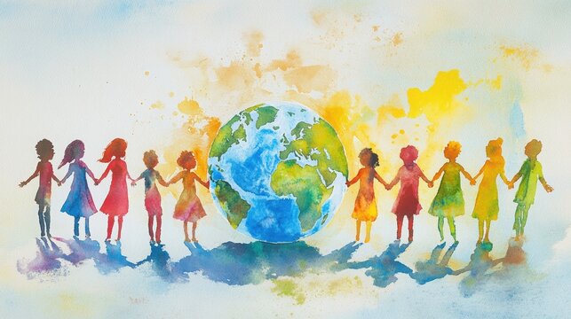 Global Harmony:  A watercolor painting depicting children of diverse backgrounds united, hands clasped, encircling a globe symbolizing world peace, global unity, and interconnectedness. 
