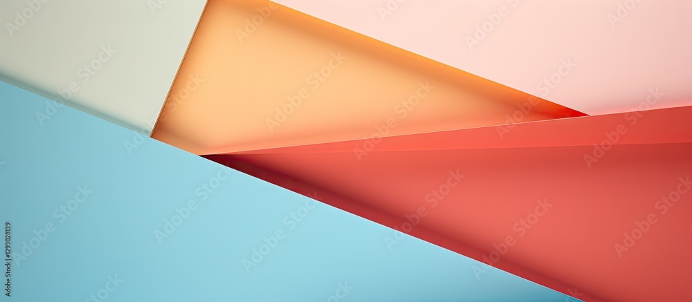 Poster pastel colored geometric shapes in soft blue, peach, and coral create an abstract paper texture back