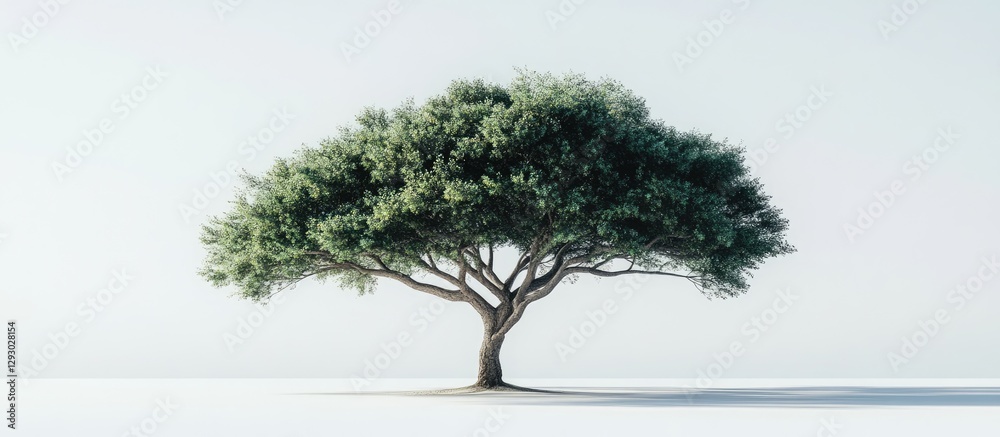 Poster Isolated lush green tropical tree centered on a white background showcasing its symmetrical shape and dense foliage highlighting tranquility and nature.