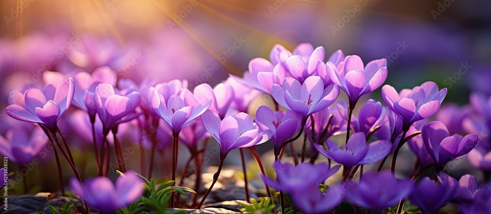 Poster vibrant purple jeffersonia flowers bloom in a sunlit spring garden, with soft bokeh in the backgroun