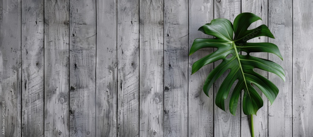 Aufkleber Monstera leaf positioned on the left against a textured gray wooden wall, creating ample copy space on the right side of the image.