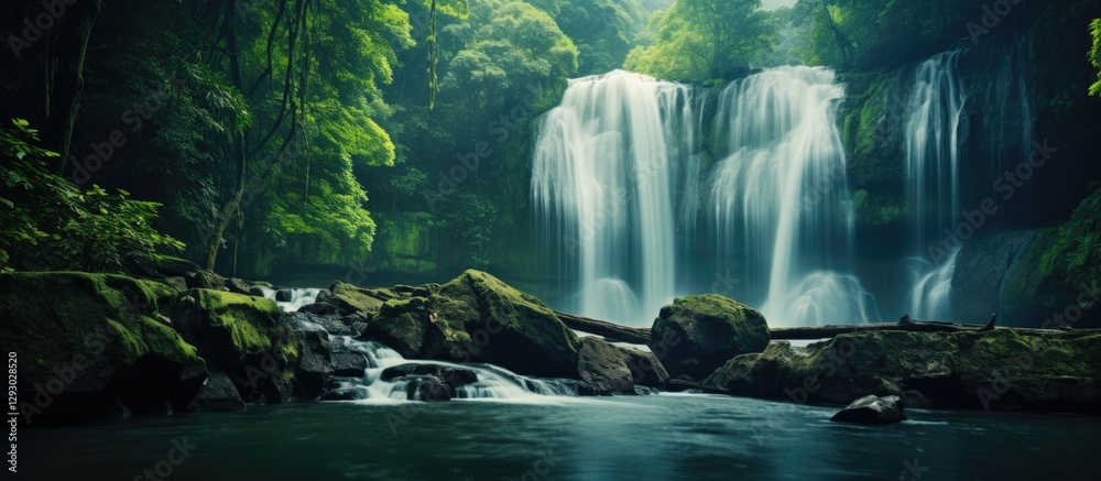Aufkleber Lush green forest surrounds a cascading waterfall with crystal clear waters and rocks in foreground creating serene nature scene with ample copy space