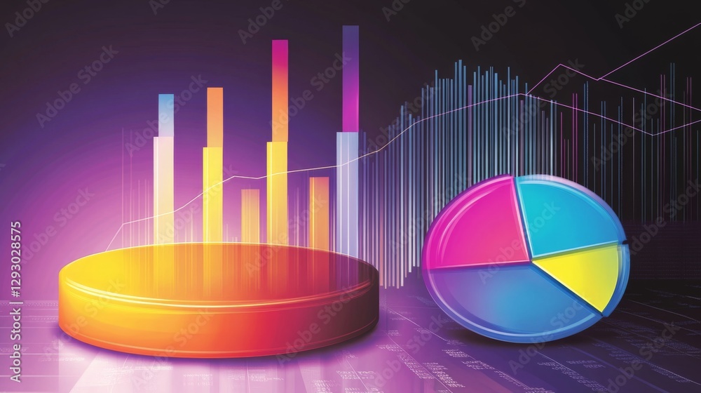 Poster a financial pie chart and line graph in vibrant colors, depicting key business data and market insig