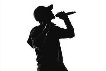 Isolated silhouette of rap singer with microphone in hand. Set of cut out black silhouette of hip hop artist with mic