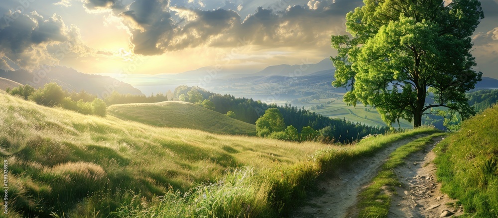 Aufkleber serene winding dirt path through golden grass hills under a vibrant blue sky with clouds and a large