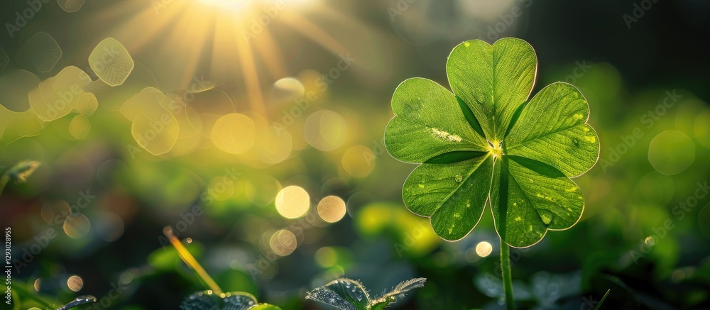 Fototapete Clover leaf illuminated by warm lens flare in soft background bokeh, vibrant green leaf centered with sunlight creating inviting copy space.