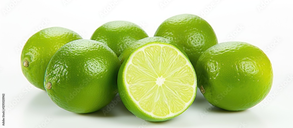 Poster fresh green limes arranged on a white background with one lime sliced in half showcasing its vibrant