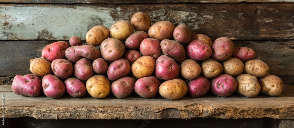 Poster freshly harvested assorted potatoes arranged on a rustic wooden shelf, featuring a mix of brown, red