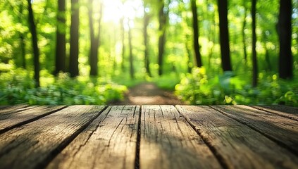 Rustic wood table in sunlit forest path