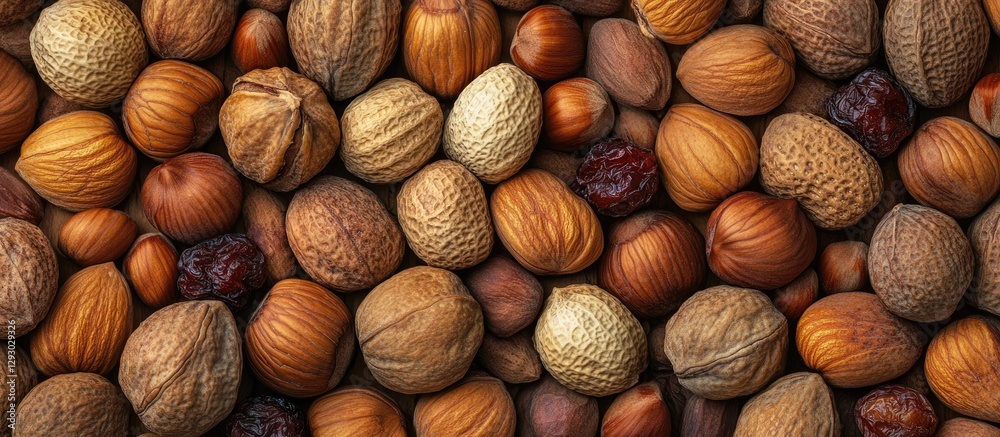 Poster Assorted mixed nuts and dried fruits in various shades of brown and beige arranged evenly across a wooden surface viewed from above with textures highlighted.