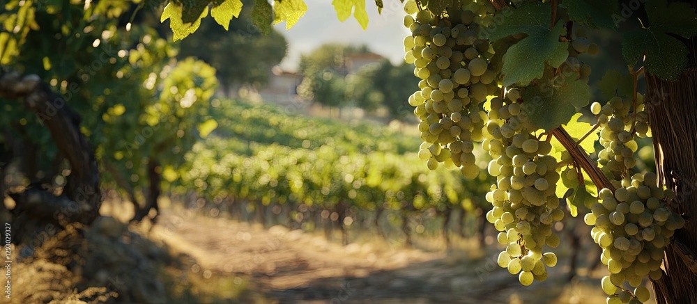 Poster vibrant green grape clusters hang in sunlight within a lush vineyard creating a rich warm scene with