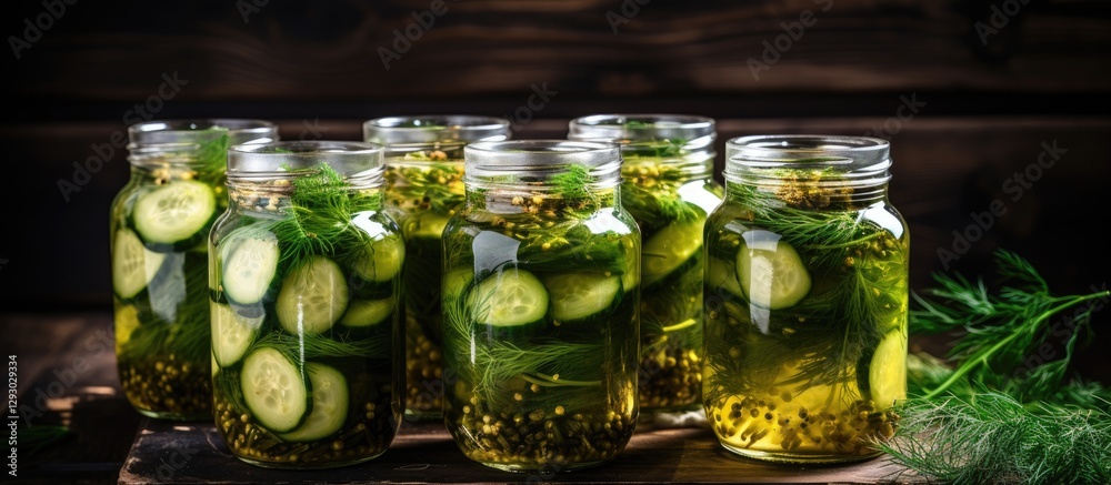 Aufkleber cucumbers in jars with vibrant green dill and garlic showcasing home fermentation against a rustic w