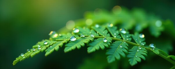 Heavy raindrops pearl on fern fronds, reflecting light , morning dew, macro