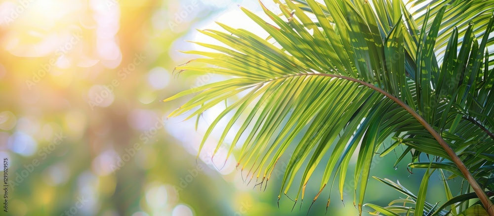 Leinwandbilder Lush green Dypsis cabadae palm leaves partially in focus with soft natural background and warm sunlight creating inviting atmosphere and ample copy space