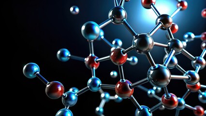 Molecule structure on dark background with molecular bonds and atoms isolated against a black backdrop