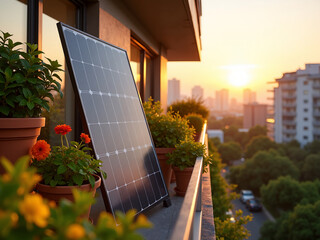 Solar panel installation on balcony at sunset urban environment lifestyle photography green energy concept