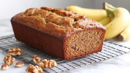 A loaf of banana bread cooling on a wire rack, surrounded by ripe bananas and a sprinkle of nuts, evoking a cozy baking atmosphere.