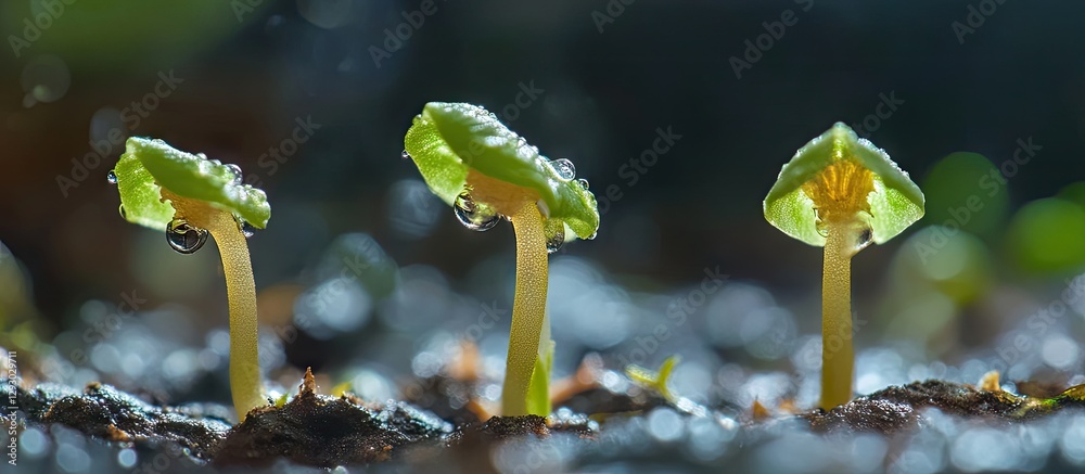 Poster Close-up of young green seedlings emerging from moist soil illuminated by soft light displaying delicate leaves against a dark background.