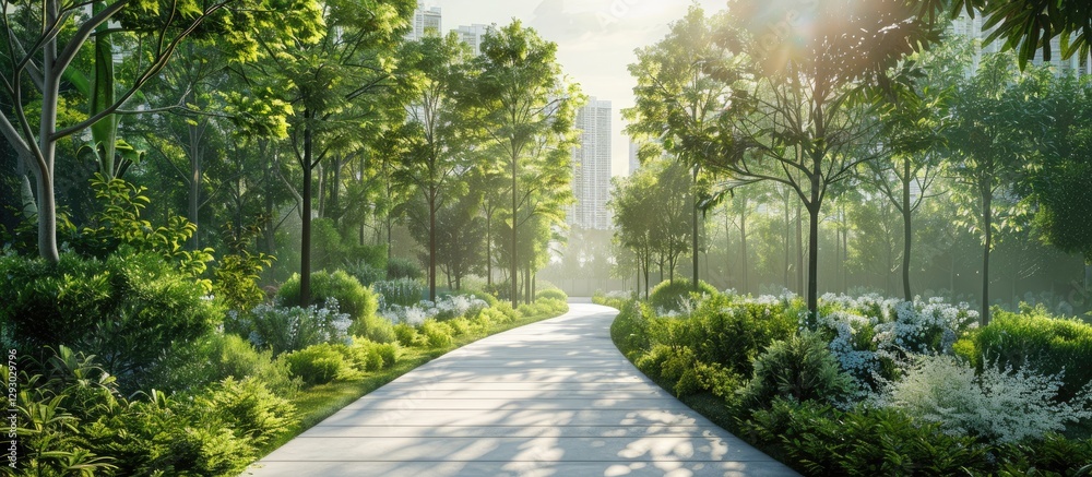 Poster serene summer forest path bordered by lush greenery and flowers, leading to a cityscape, soft sunlig