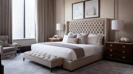 A luxurious king-size bed with a tufted headboard, covered in rich, dark linens, and framed by modern bedside lamps in a sophisticated bedroom.