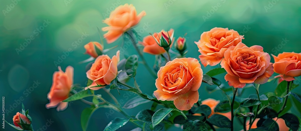 Poster vibrant orange roses clustered on the left against a soft green background ideal for copy space with