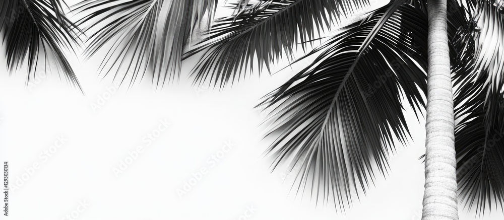 Fototapete black and white image of palm tree leaves with a white background, showcasing the intricate pattern 