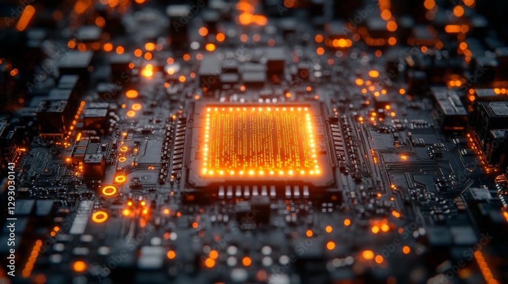 Poster Close-up of a glowing microchip on a computer motherboard with bright orange lights, illustrating advanced technology and electronics concept