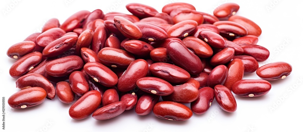 Poster red kidney beans piled on a bright white background, showcasing their glossy, deep red colors with v