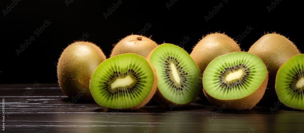 Poster Fresh sliced kiwi fruits displayed on a black kitchen table with a dark background highlighting their vibrant green color and unique textures.