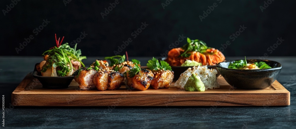 Poster elegant wooden platter displaying an array of sushi rolls and garnished greens, arranged symmetrical