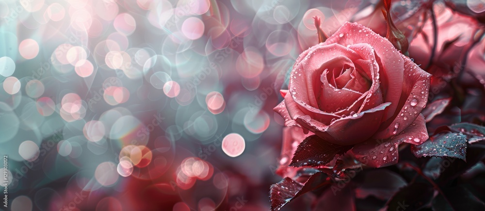 Poster elegant rose flower with soft pink petals adorned with dew drops, set against a bokeh background of 