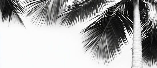 Obraz premium Black and white image of palm tree leaves with a white background, showcasing the intricate pattern of fronds on the left side and the trunk on the right.