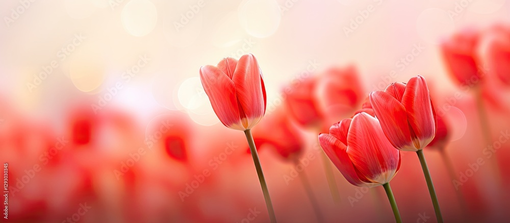 Poster Vibrant red tulips with sharp petals gracefully in focus against a soft blurred pastel background creating elegant copy space for text.
