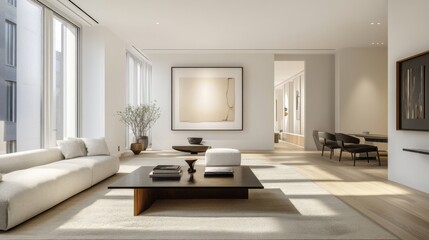 Fototapeta premium A modern living room with minimalist decor, showcasing a sleek coffee table, contemporary art on the walls, and a soft area rug underfoot.