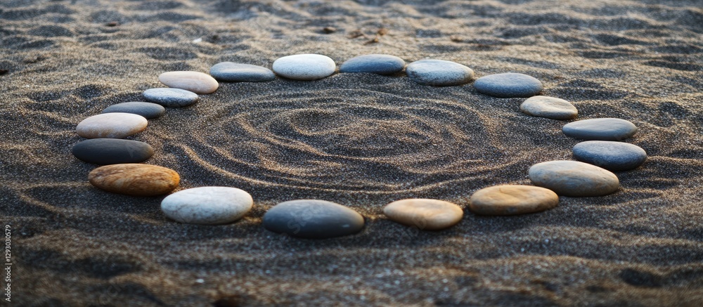 Aufkleber circular arrangement of smooth sea stones in varying shades of gray and brown on a sandy beach with 