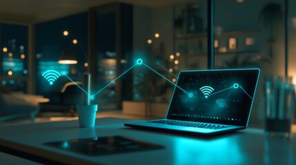 A modern workspace featuring a sleek laptop connected to a Wi-Fi router, with visual representations of Wi-Fi signals emanating from the device, showcasing connectivity.