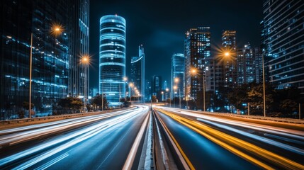 Obraz premium A modern urban street with tall, sleek streetlights casting a bright glow on the empty road, with skyscrapers in the background.