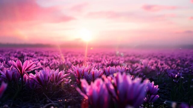 A breathtaking view of a vast saffron flower field bathed in the soft hues of sunrise. The delicate petals, covered in morning dew, create a dreamy and tranquil atmosphere, showcasing the beauty 