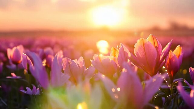 A stunning close-up of vibrant saffron flowers glistening with morning dew, illuminated by the warm golden light of sunrise. The delicate petals and dreamy atmosphere capture the beauty of nature 