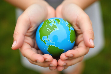 two hands holding a small earth in the middle of a green field