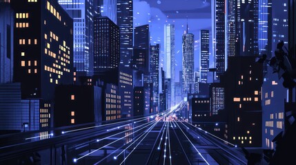 Night cityscape, speeding train, city lights, urban background, website banner
