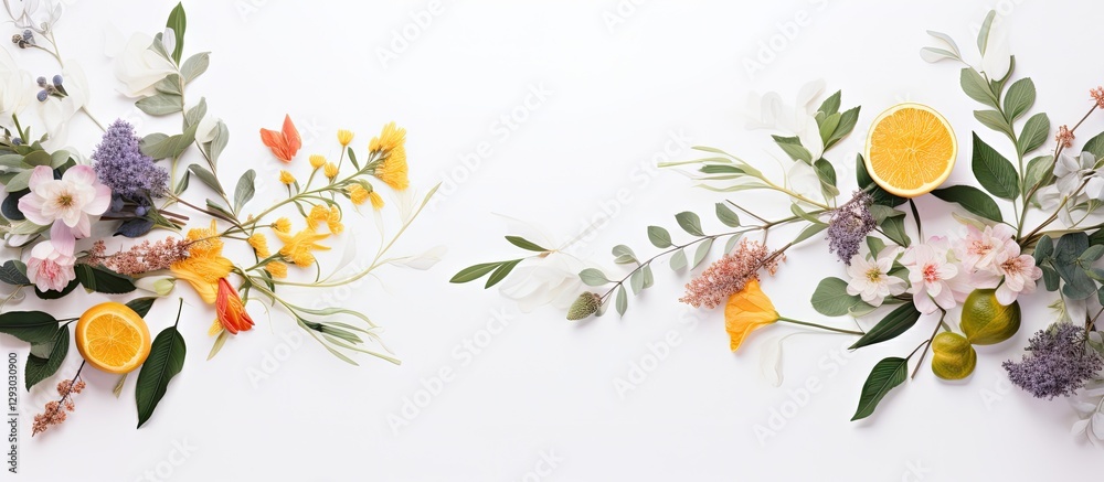 Poster Floral flat lay arrangement on a white background featuring colorful flowers and leaves with empty space in the center for text or design elements
