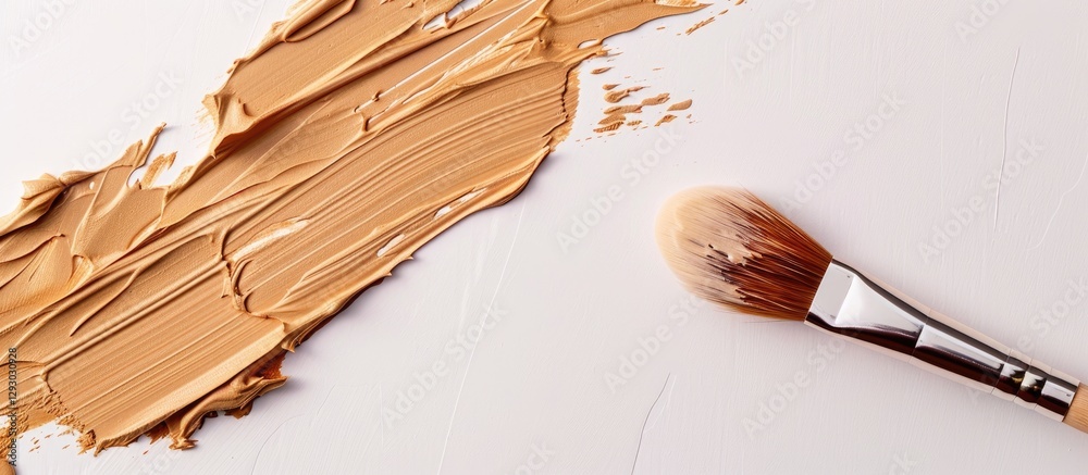 Poster light brown plasticine brush on white backdrop with creamy textured paint on the left side creating 